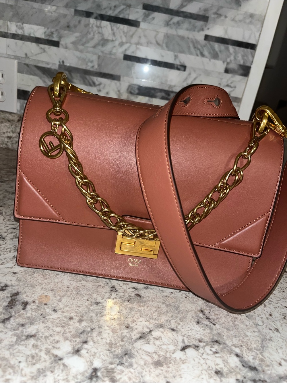 Fendi Rust Leather Shoulder Bag with Gold Chain